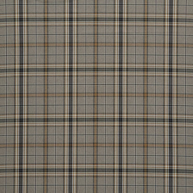 Muted butterscotch and grey tartan check fabric with charcoal stripes