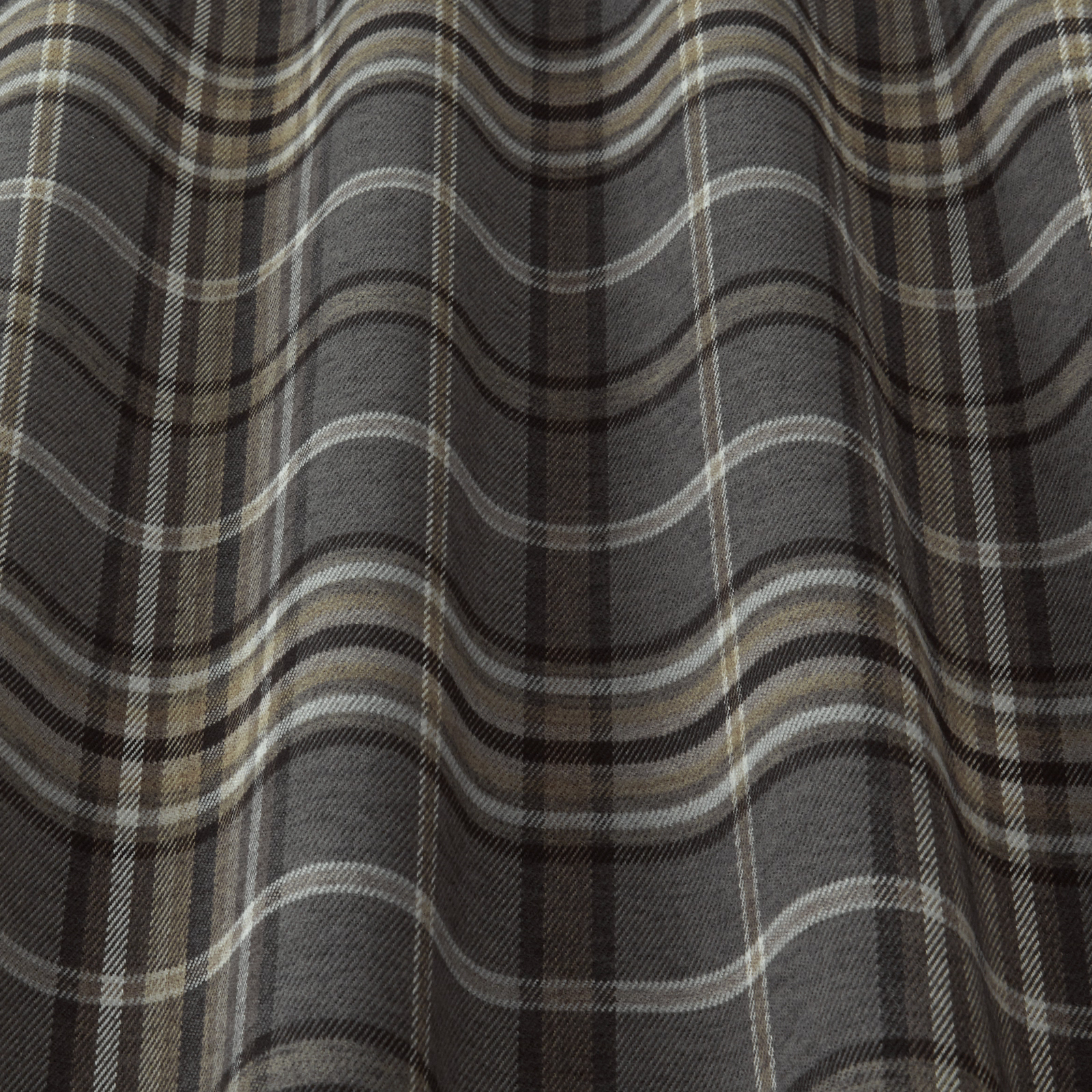 Charcoal grey checked fabric with soft grey and cream plaid stripes