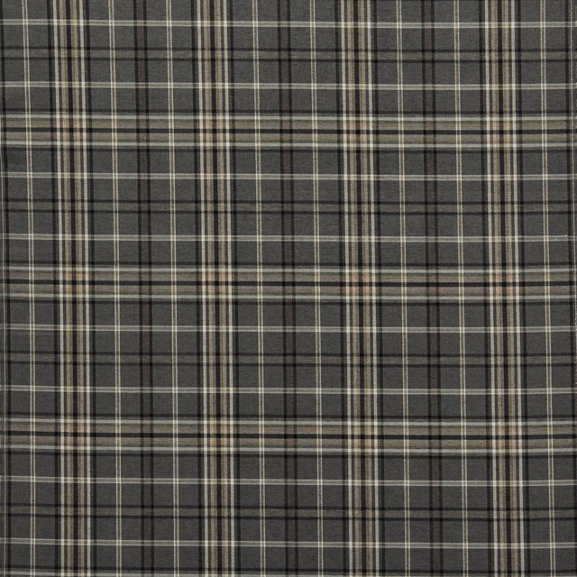 Charcoal grey tartan fabric with beige and black check lines