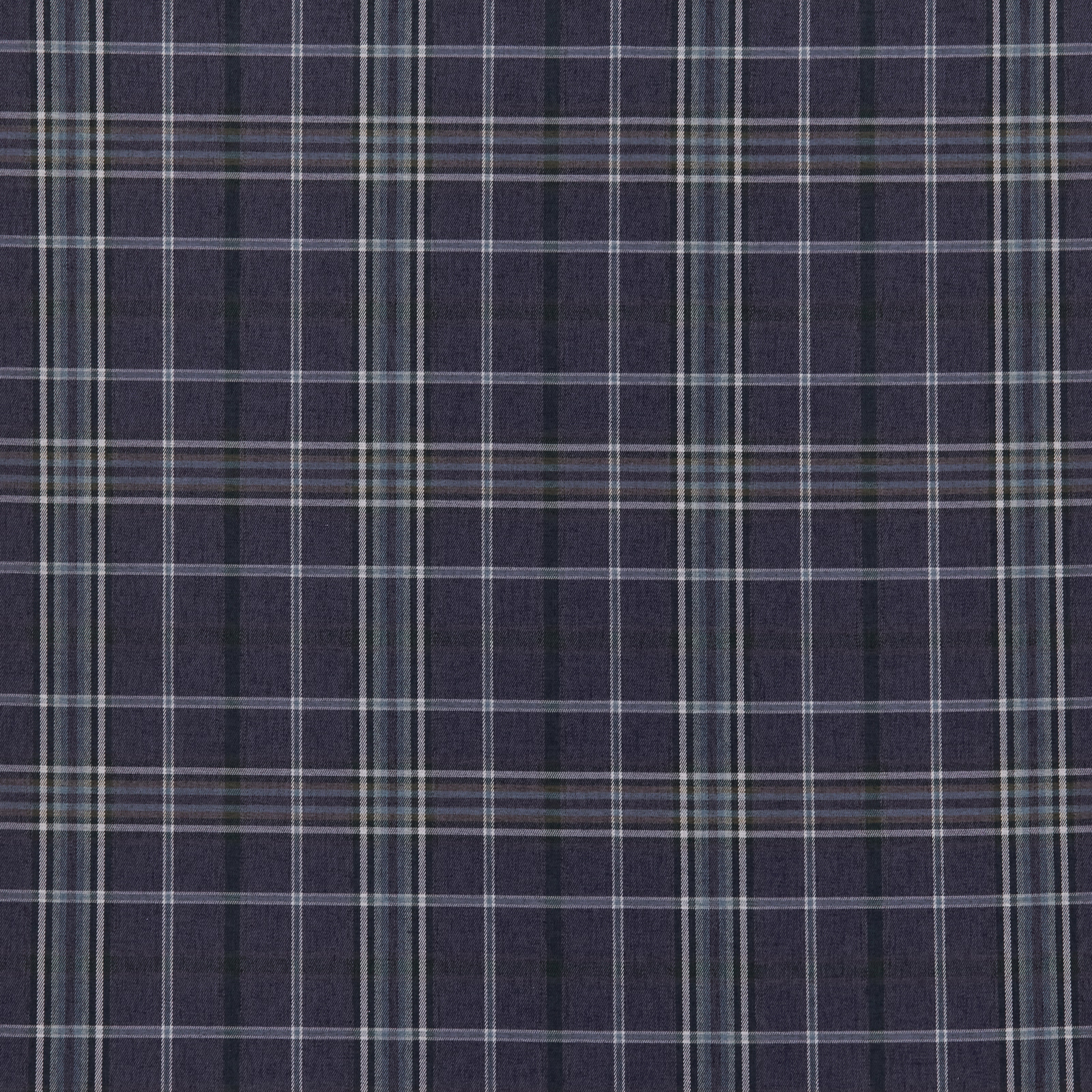Deep indigo plaid fabric with fine pale check lines and blue-green accents