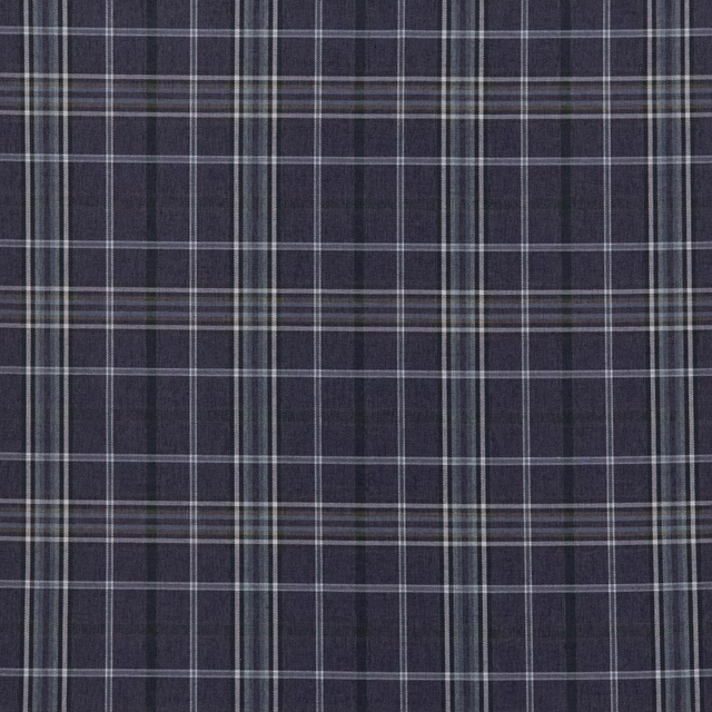 Deep indigo plaid fabric with fine pale check lines and blue-green accents