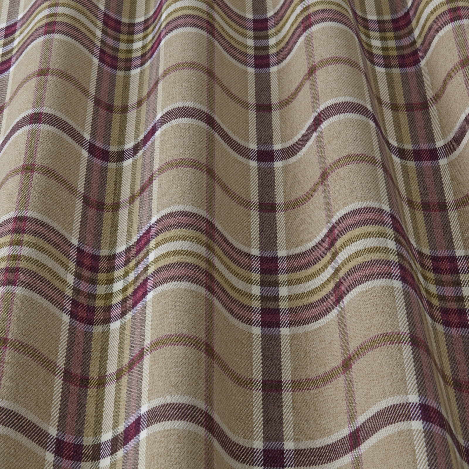 Beige tartan fabric with mulberry, olive and brown check lines on a softly folded swatch