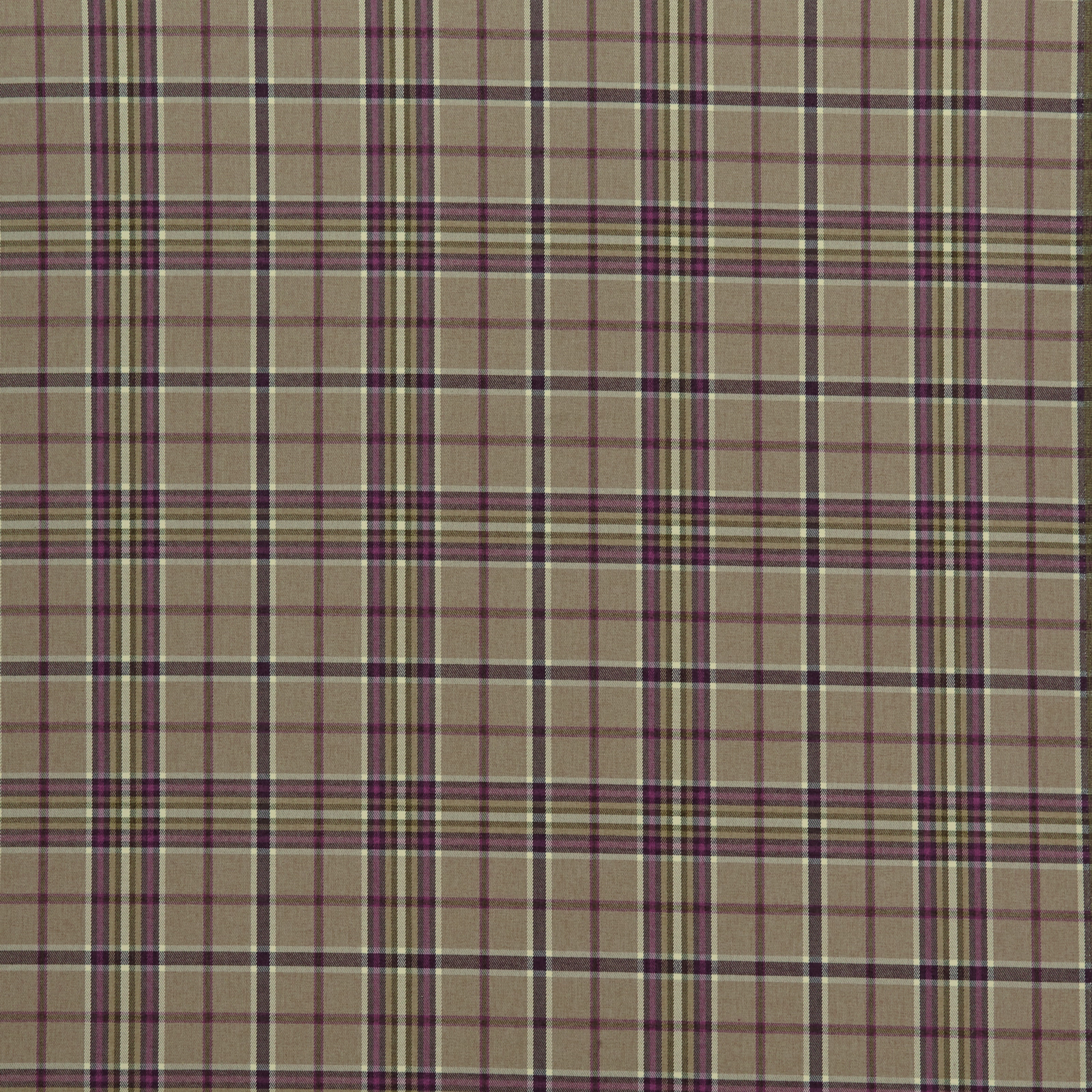 Taupe checked fabric with mulberry and olive stripe intersections