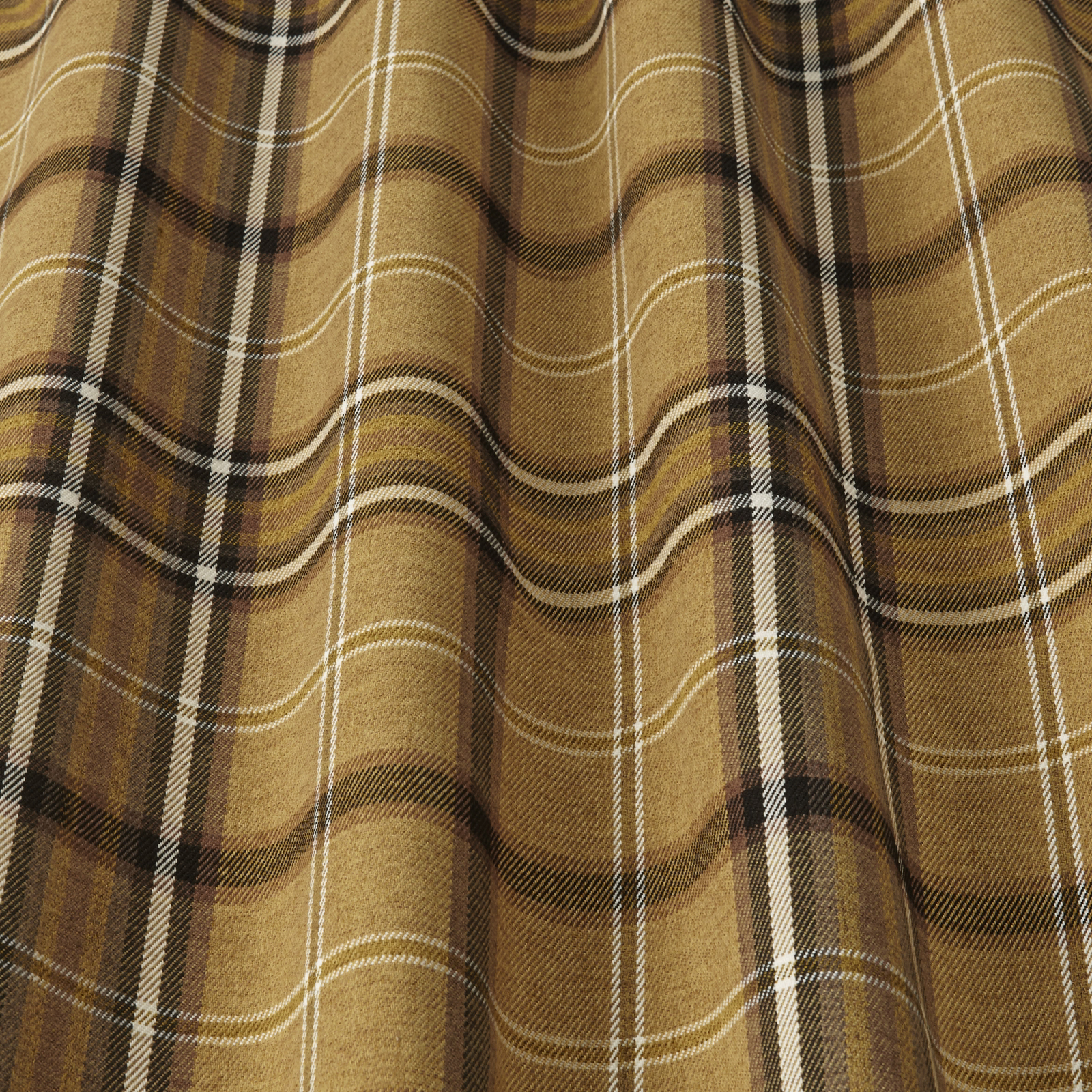 Warm ochre plaid fabric with black and ivory check lines