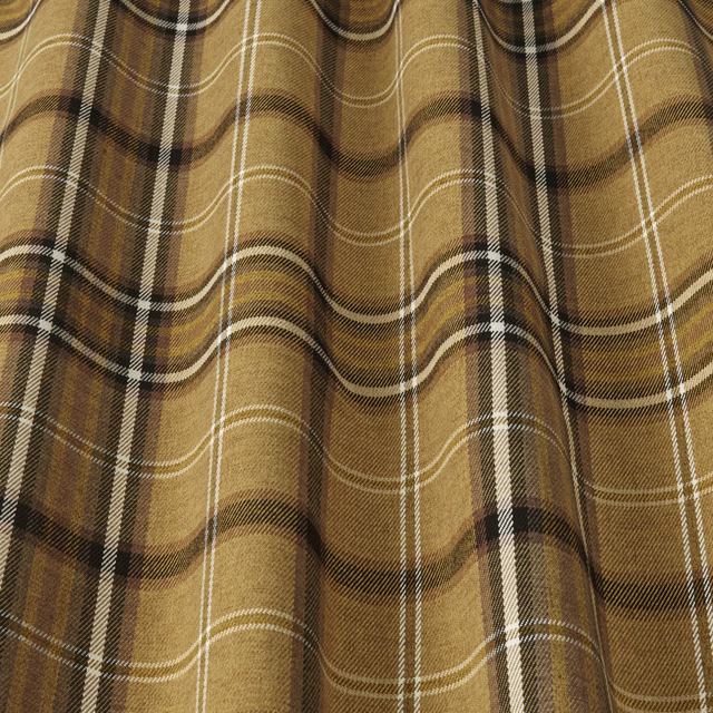 Warm ochre plaid fabric with black and ivory check lines