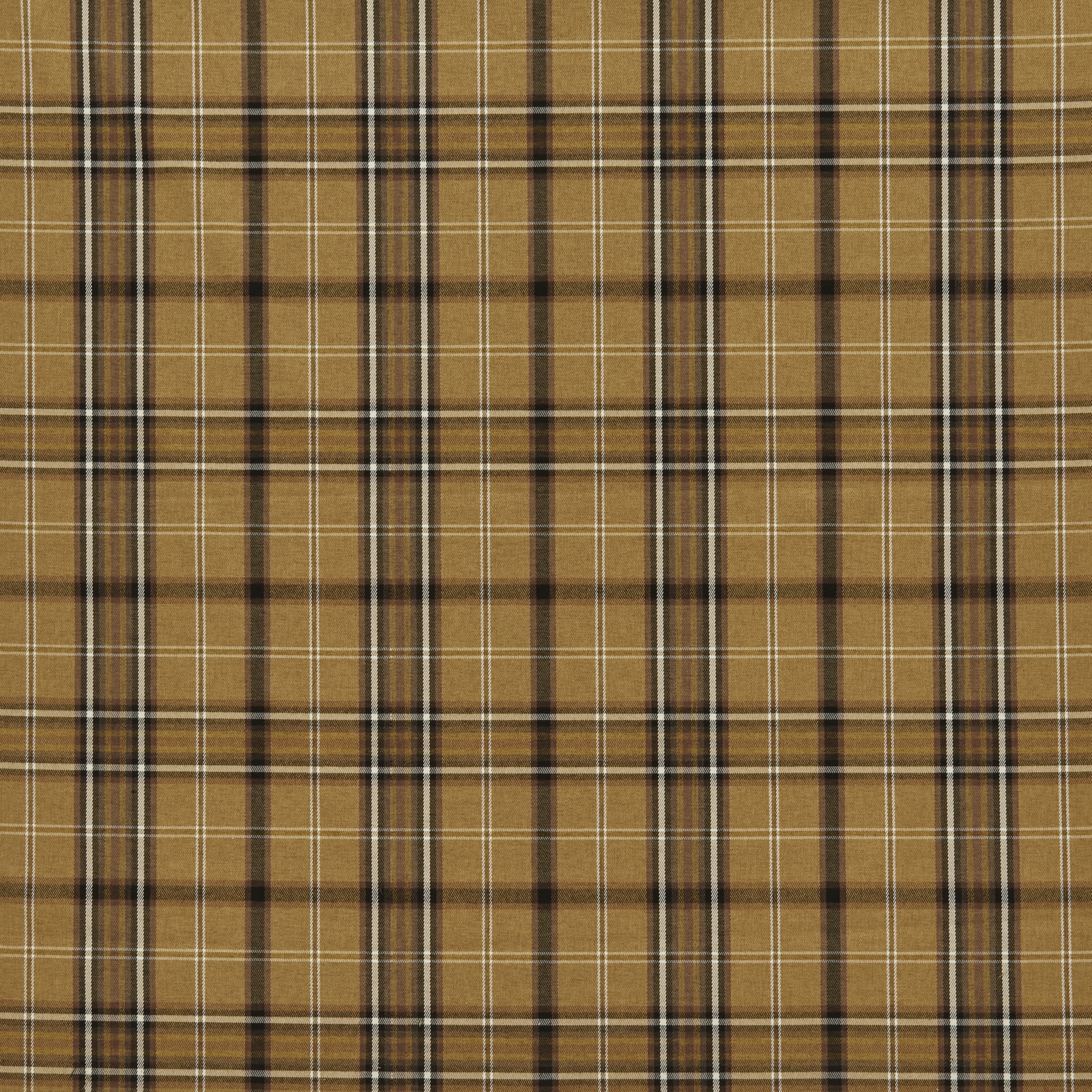 Ochre tartan check fabric with brown, black and ivory pinstripes