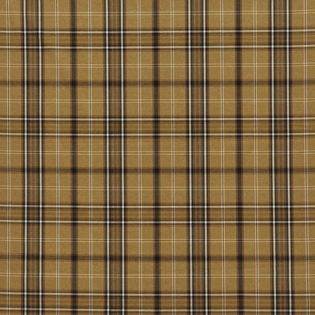 Ochre tartan check fabric with brown, black and ivory pinstripes