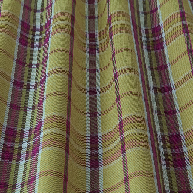 Pistachio yellow checked fabric with magenta and brown woven stripes
