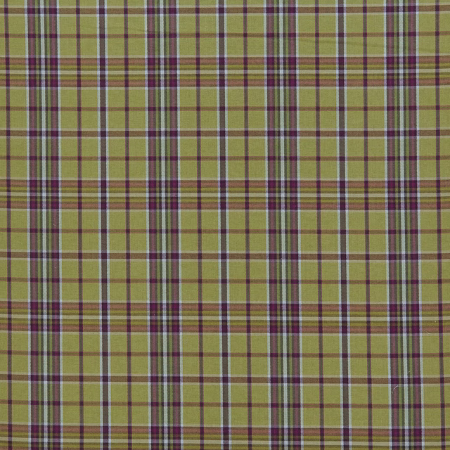 Pistachio green plaid fabric with plum and taupe checks