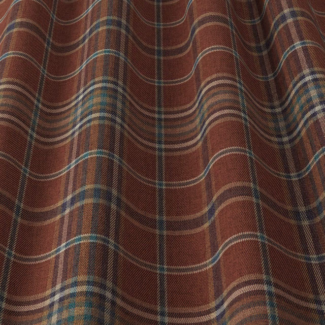 Rust terracotta woven fabric with wavy plaid stripes in teal, cream and brown