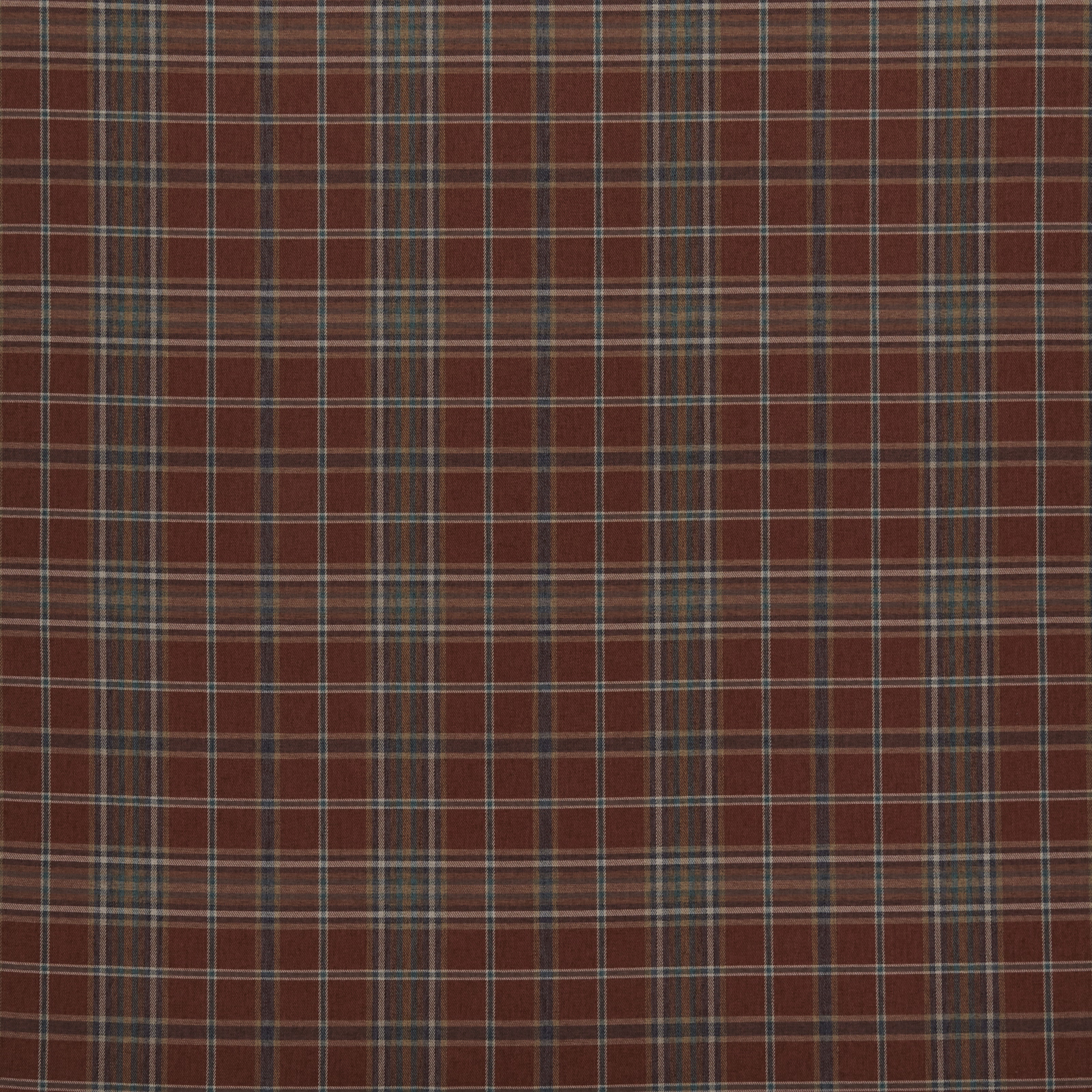 Rust-brown tartan check fabric with cream and muted teal fine stripes