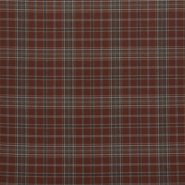 Rust-brown tartan check fabric with cream and muted teal fine stripes