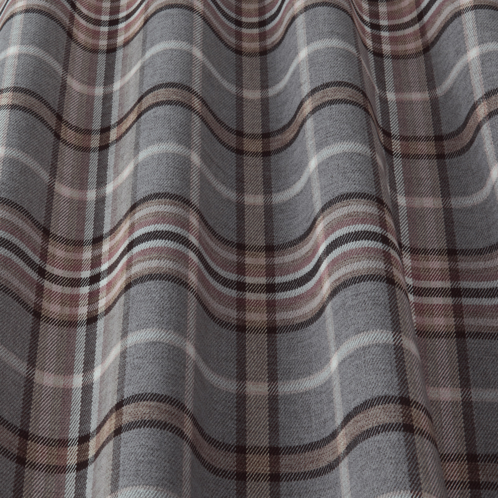 Steel grey plaid fabric with brown, taupe and cream stripes