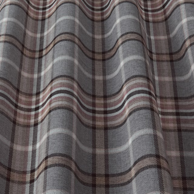 Steel grey plaid fabric with brown, taupe and cream stripes