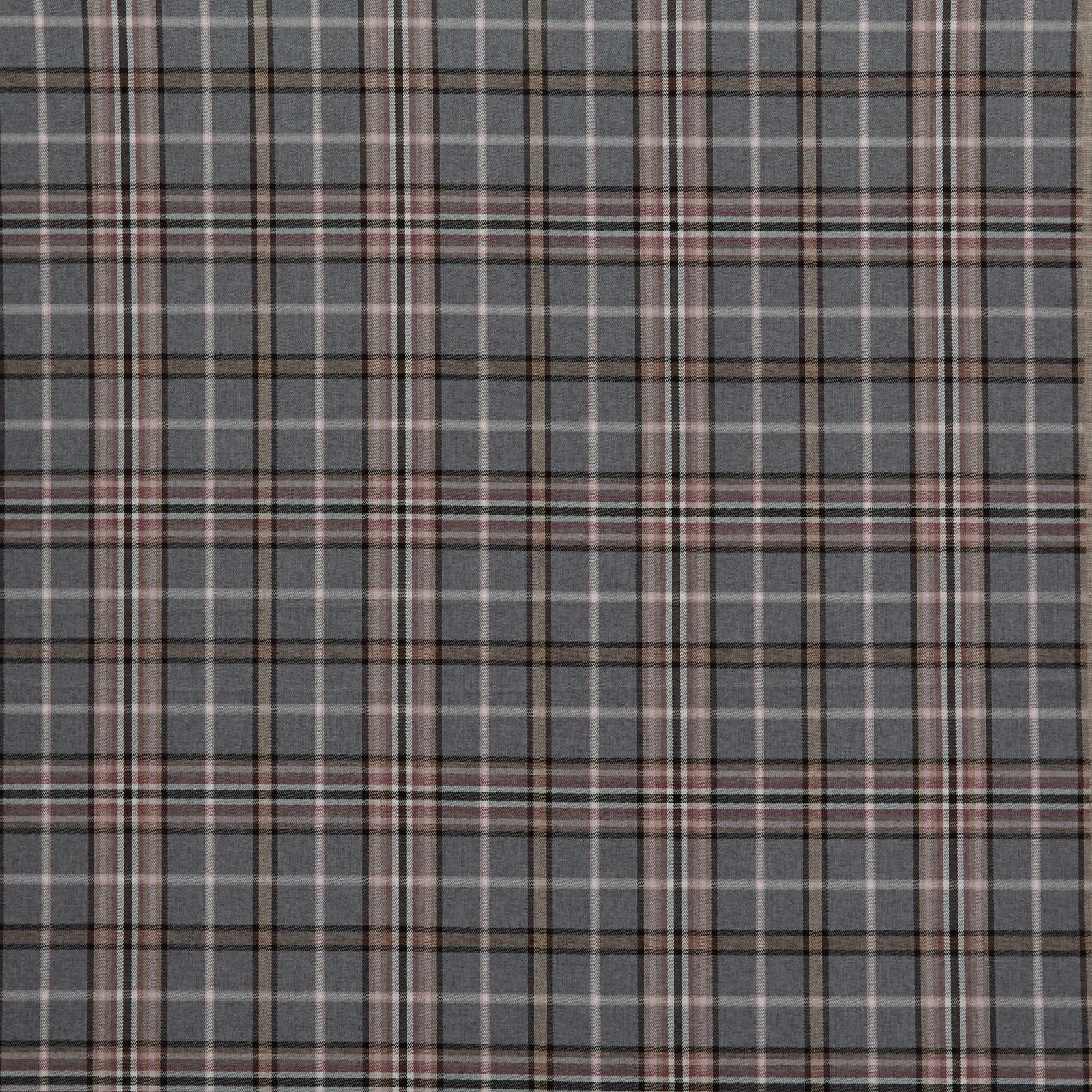 Steel grey checked fabric with taupe, cream and dusky rose woven lines