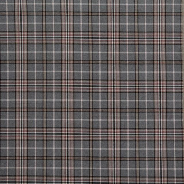 Steel grey checked fabric with taupe, cream and dusky rose woven lines