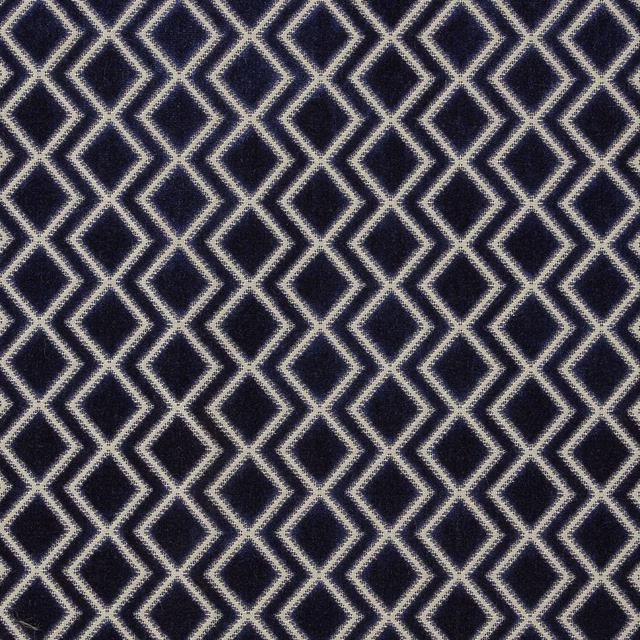 Deep midnight blue velvet with pale diamond lattice geometric pattern
