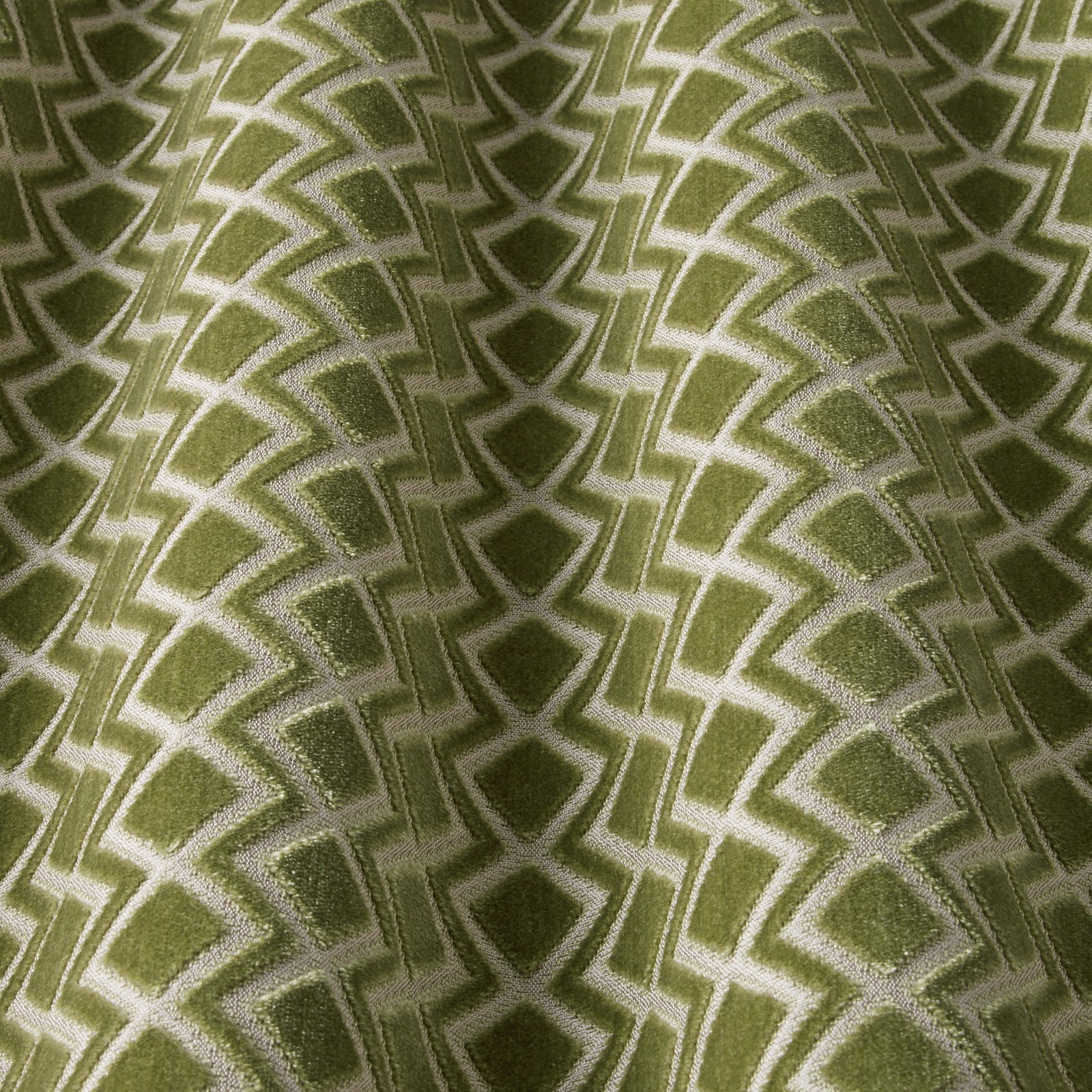 Olive green geometric velvet with wavy chevron and diamond motif