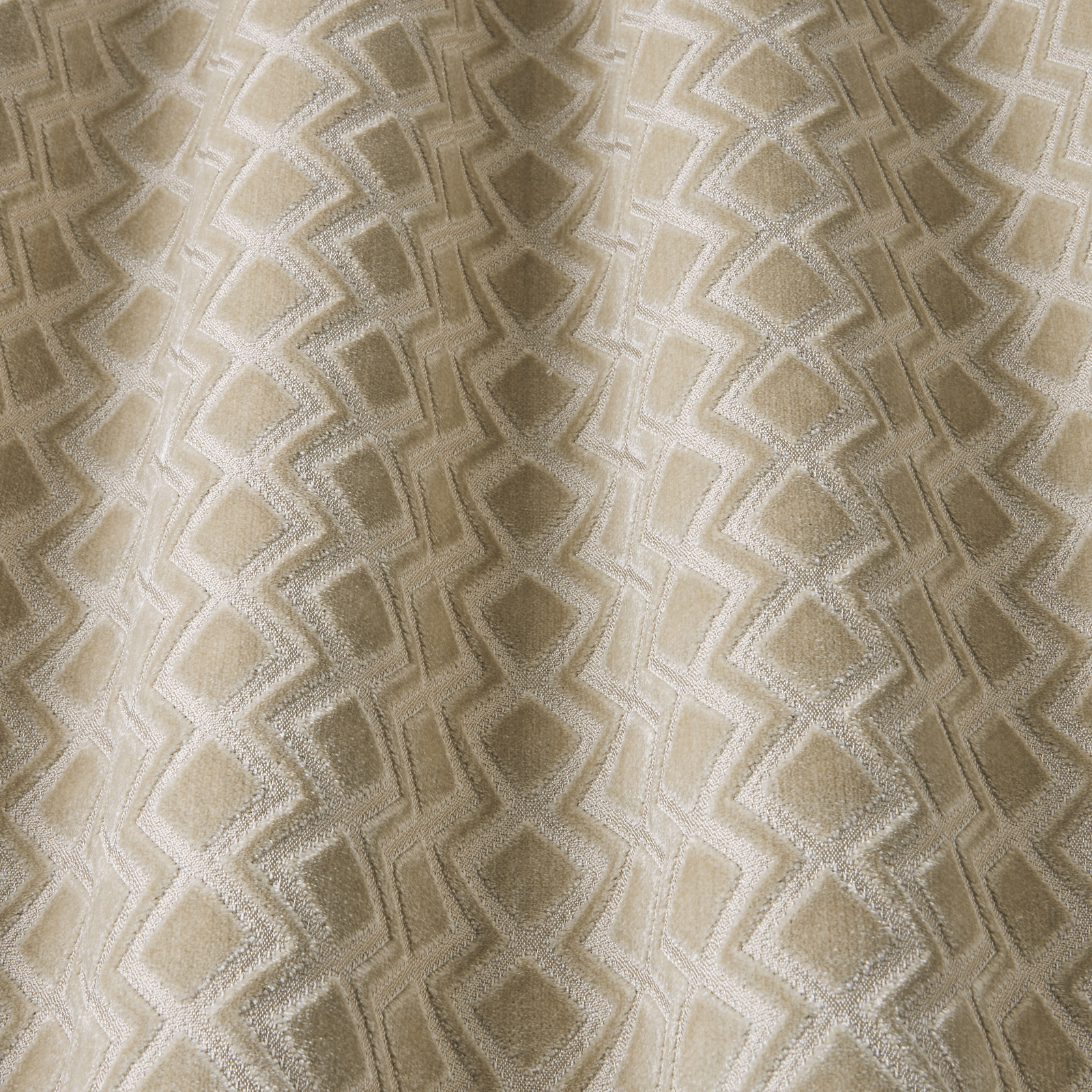 Stone cream geometric velvet with raised wavy diamond pattern and soft sheen