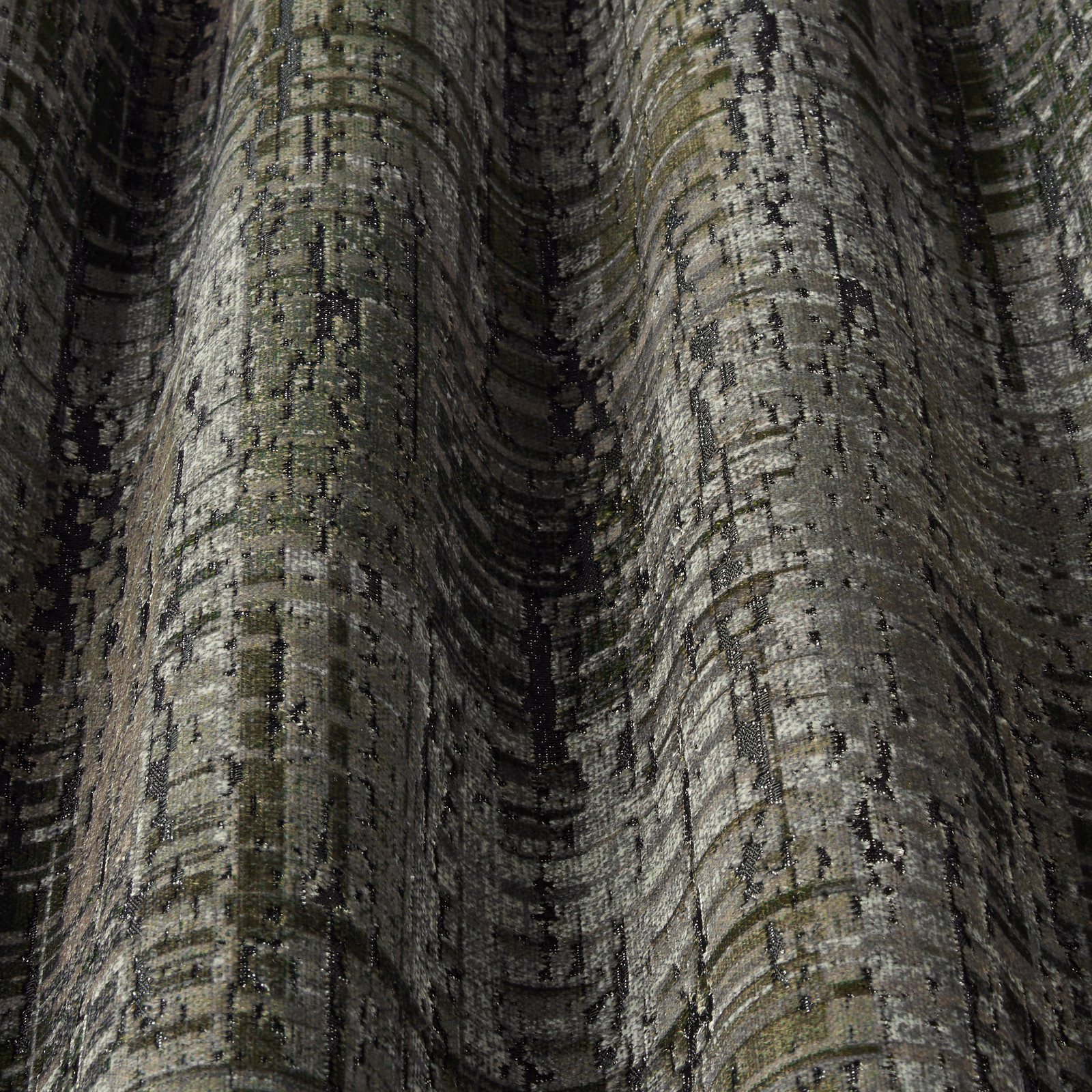 Mossy olive-grey wavy velvet with dark striations and textured sheen