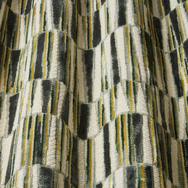 Cream velvet with vertical sage, charcoal and gold stripe pattern