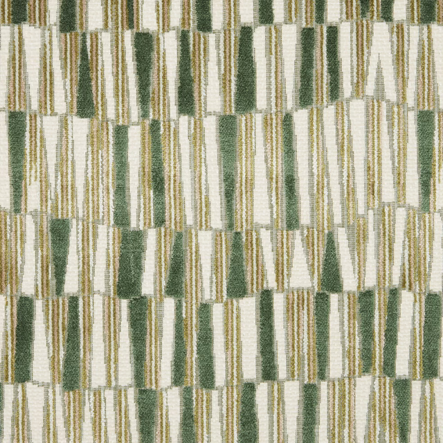 Jade green and gold geometric velvet swatch on a pale cream ground