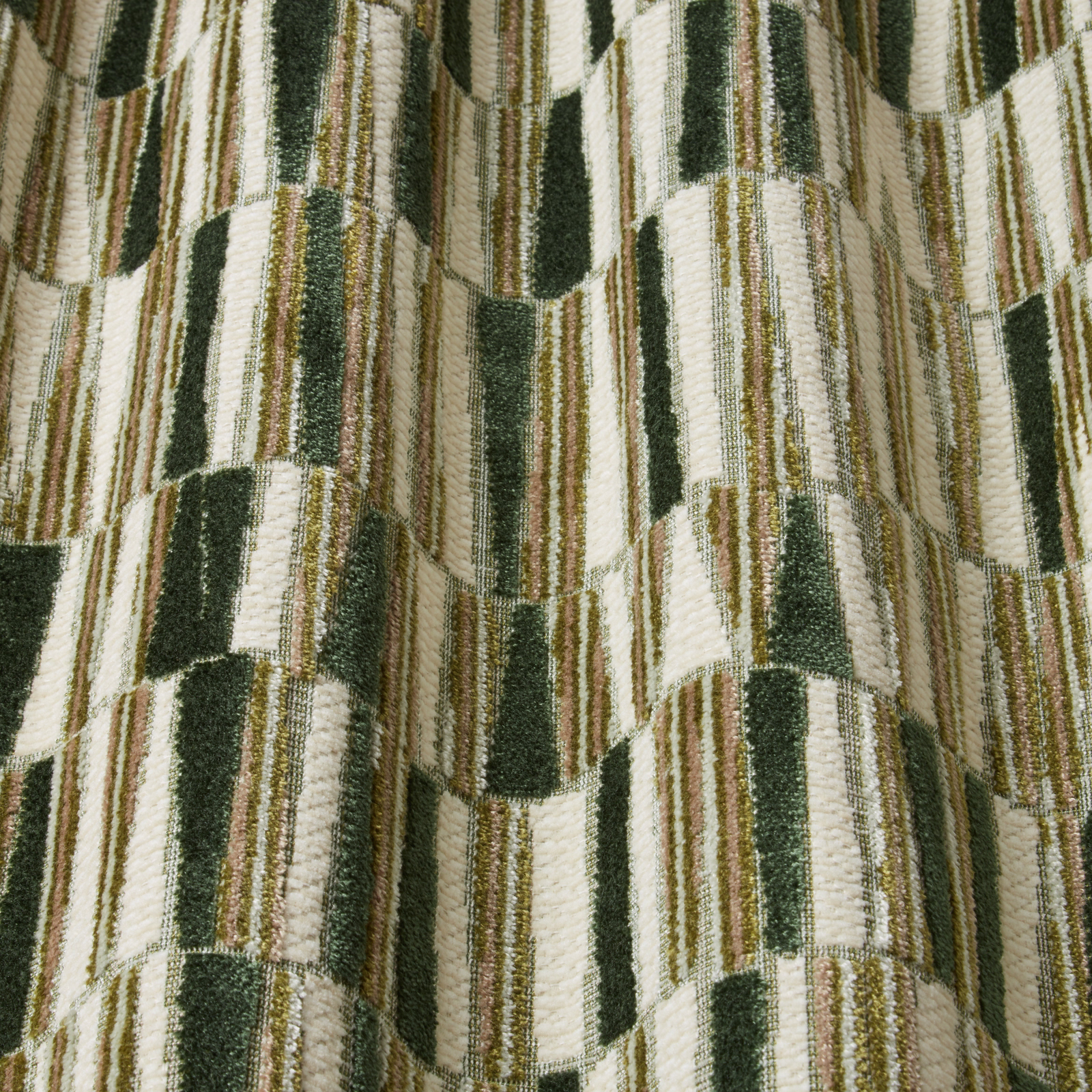 Jade green and cream geometric velvet with wavy vertical stripes