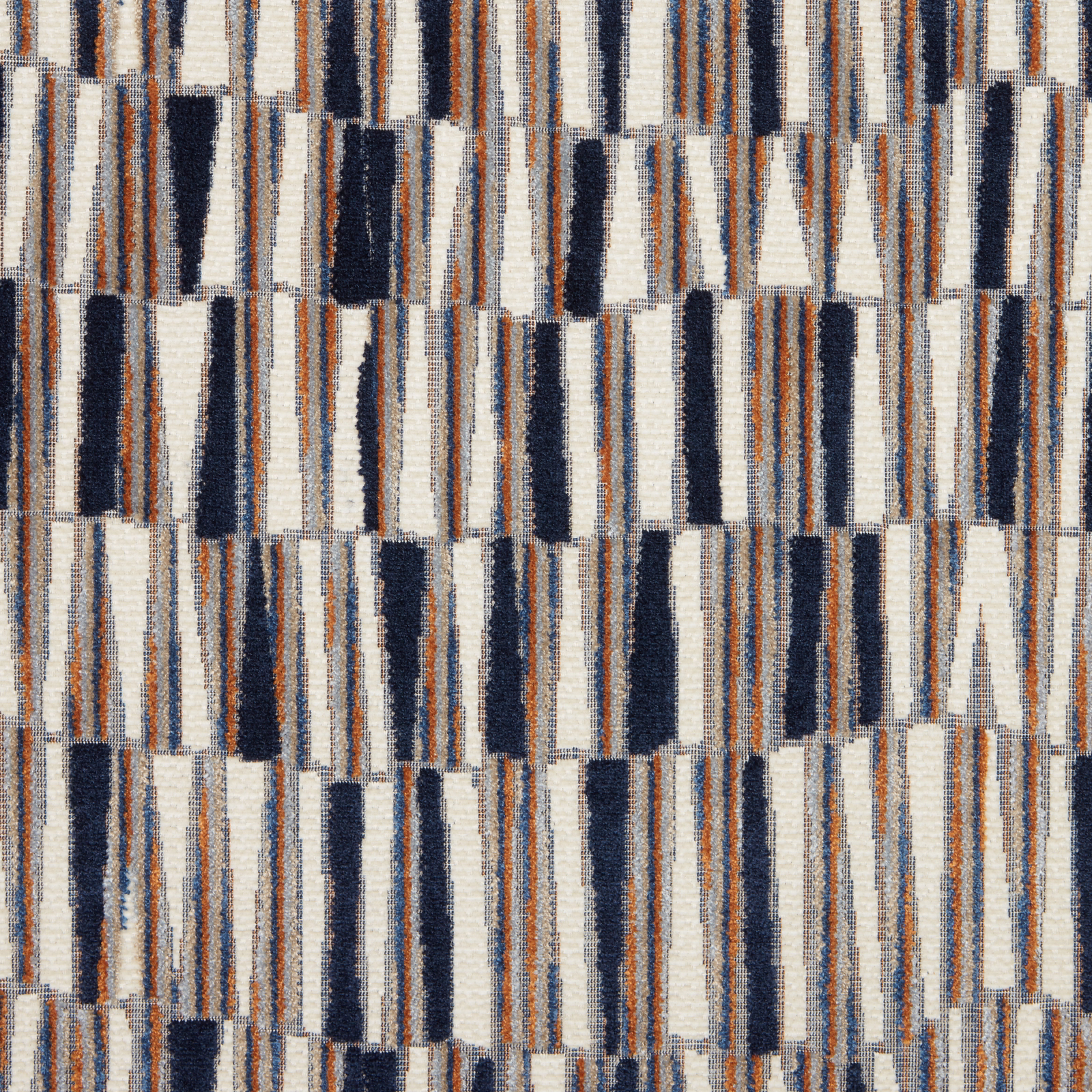 Close-up of navy, ivory and rust vertical stripe velvet with textured weave