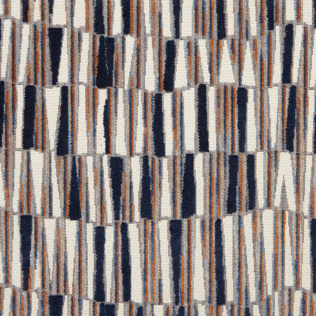 Close-up of navy, ivory and rust vertical stripe velvet with textured weave