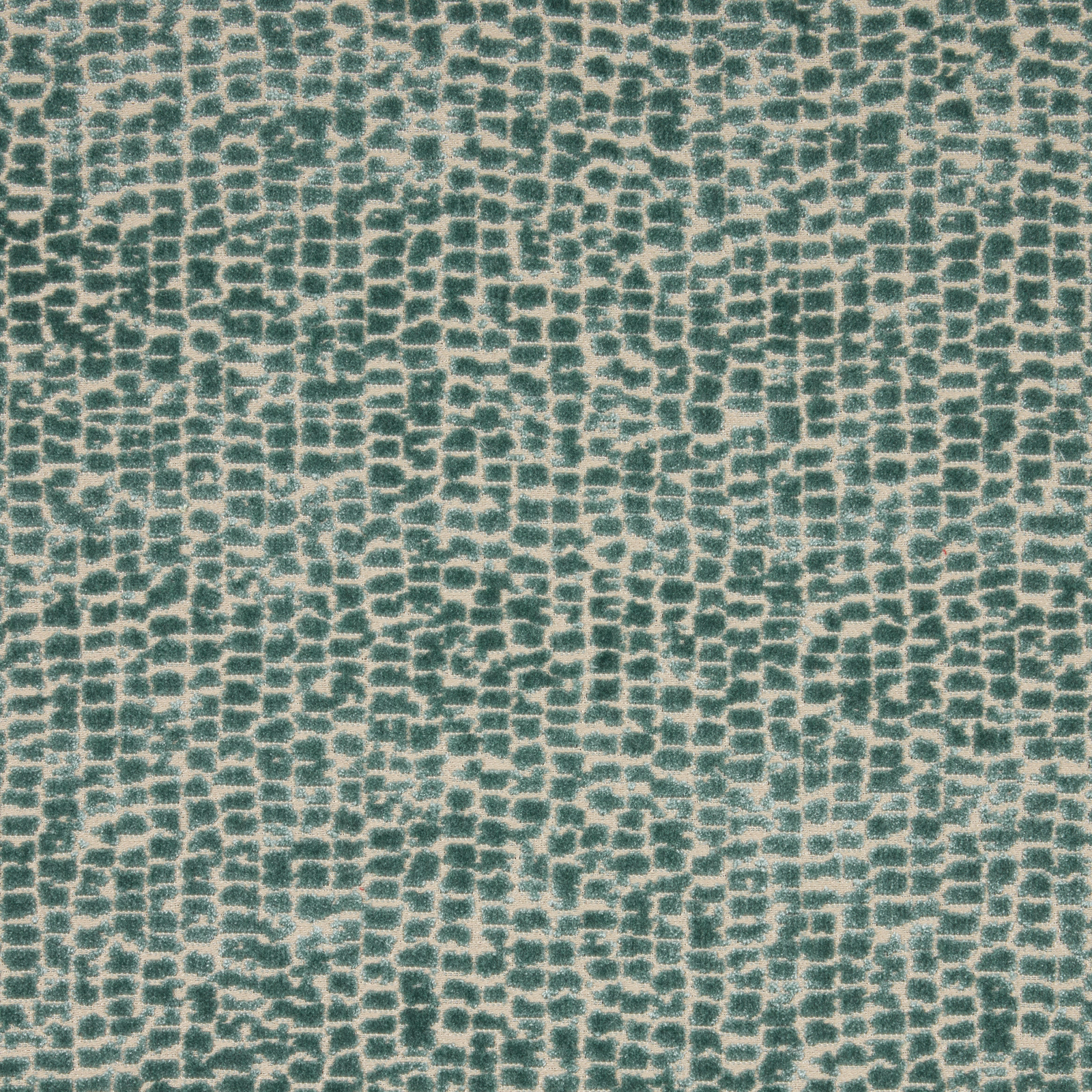 Textured teal and cream velvet with small geometric block pattern