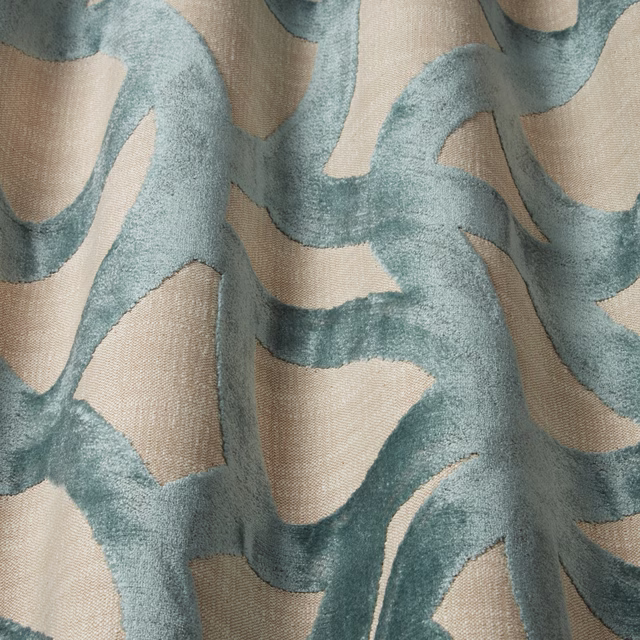 Azure blue velvet wavy motif on a beige woven ground