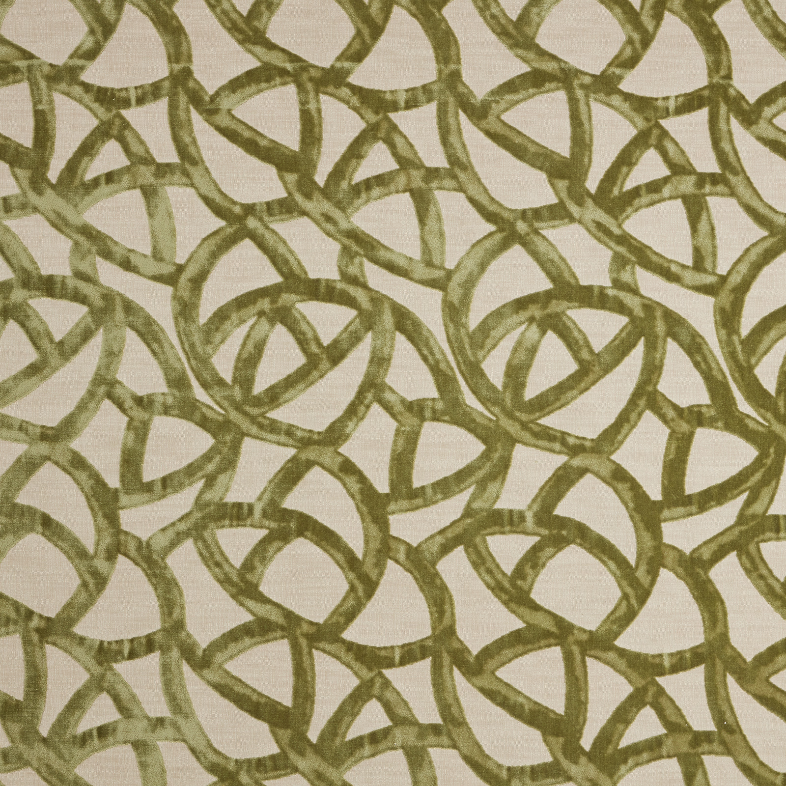 Olive green looped velvet pattern on a pale woven ground