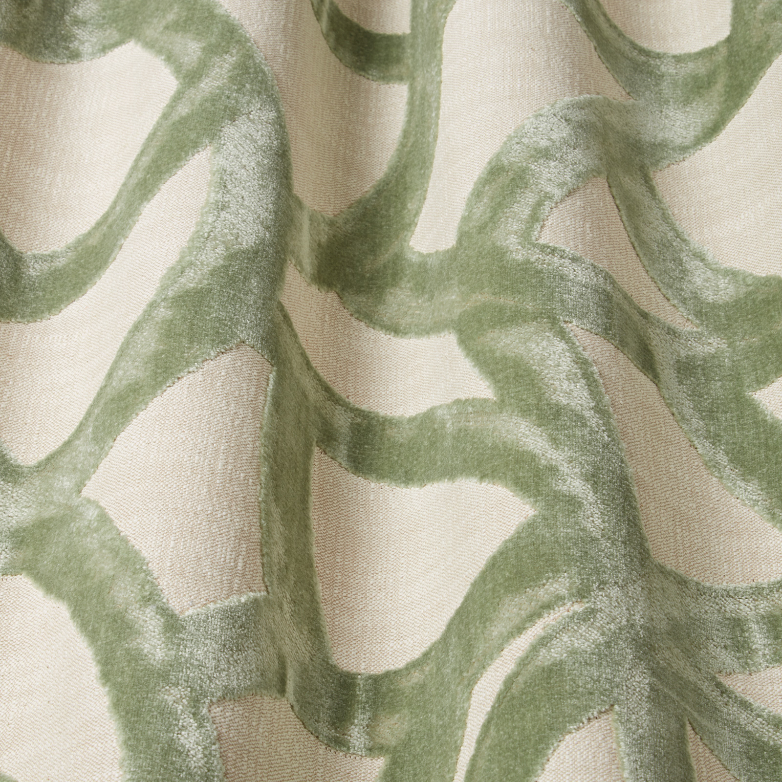 Cream velvet fabric with soft seafoam wavy abstract loops