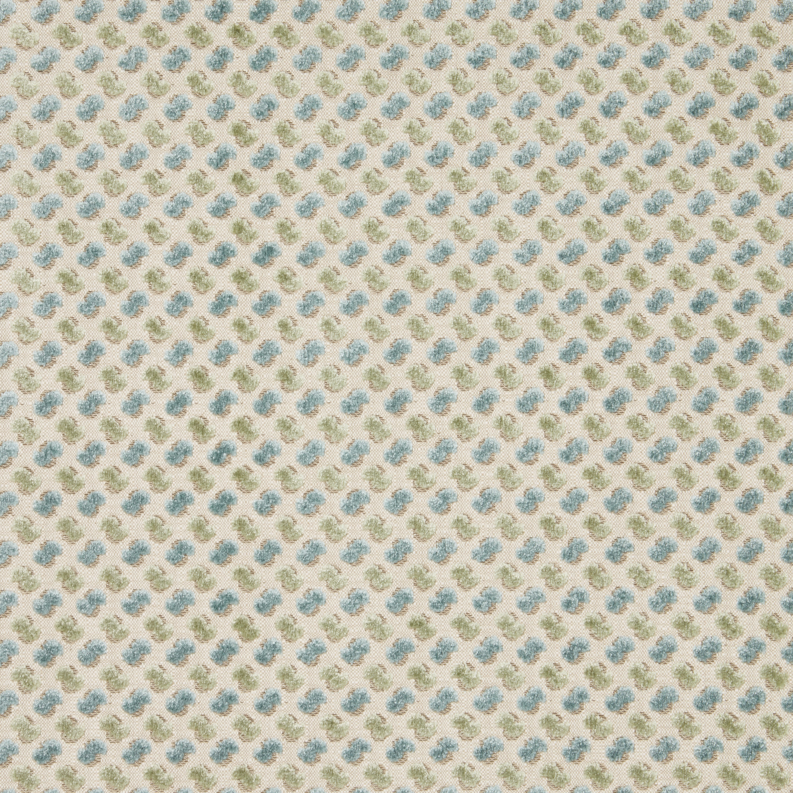 Small geometric velvet swatch in soft azure blue and olive on ivory