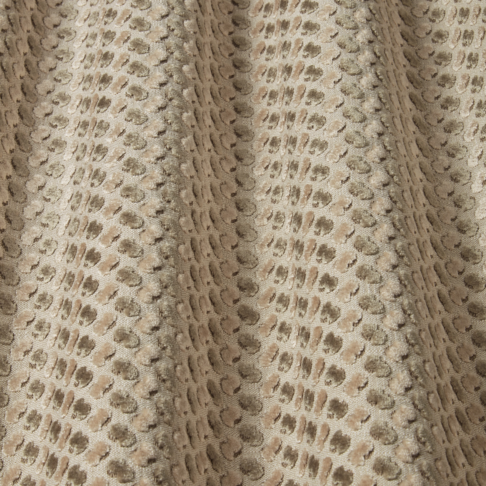 Dove grey velvet swatch with raised wavy pattern in beige and taupe tones