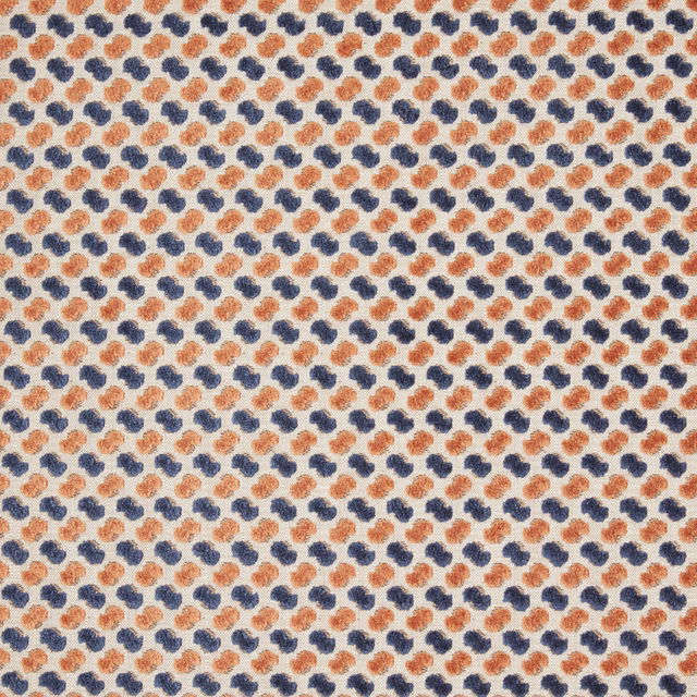 Pale velvet fabric with repeating midnight blue and rust looped motifs
