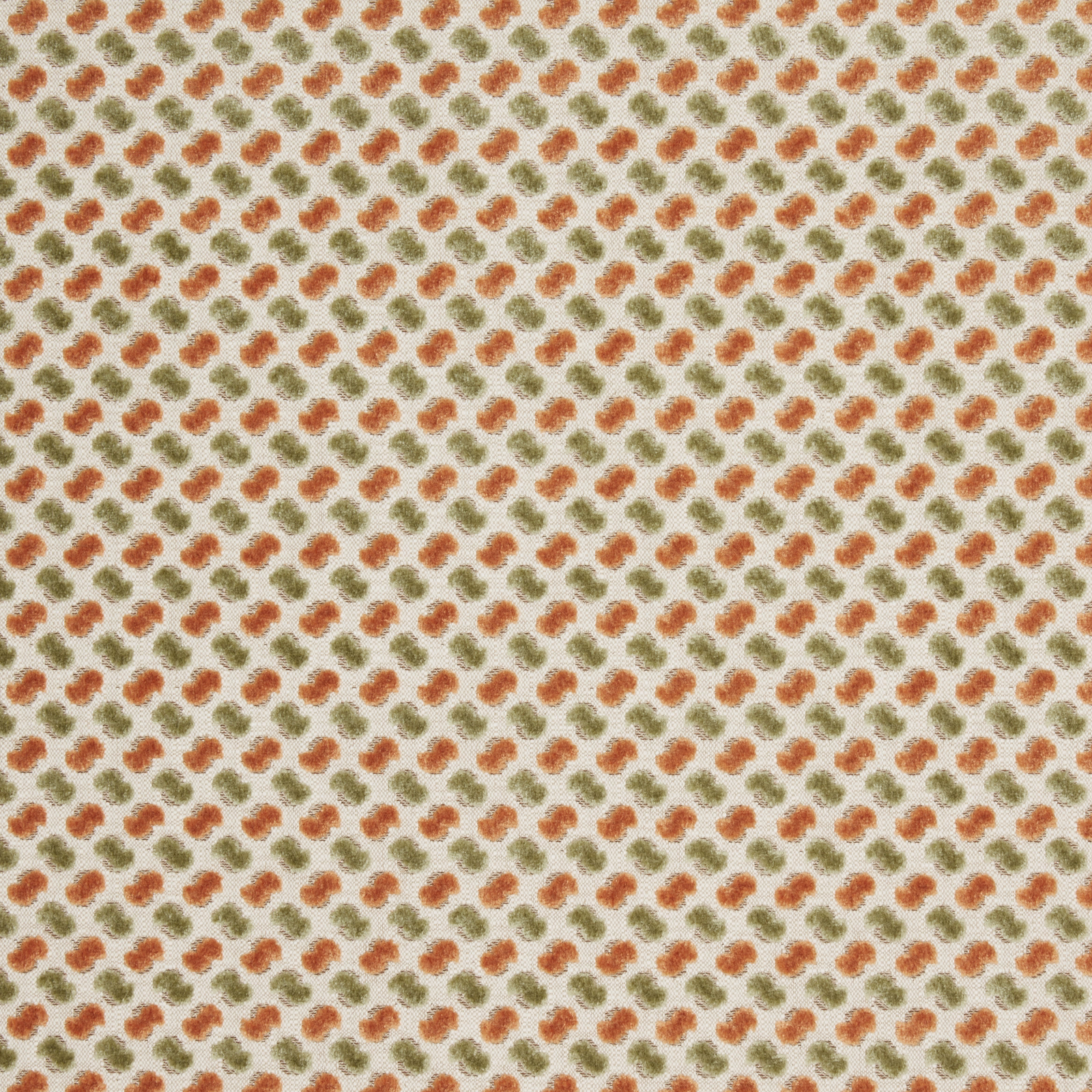 Cream velvet swatch with small sienna and sage dotted diagonal pattern