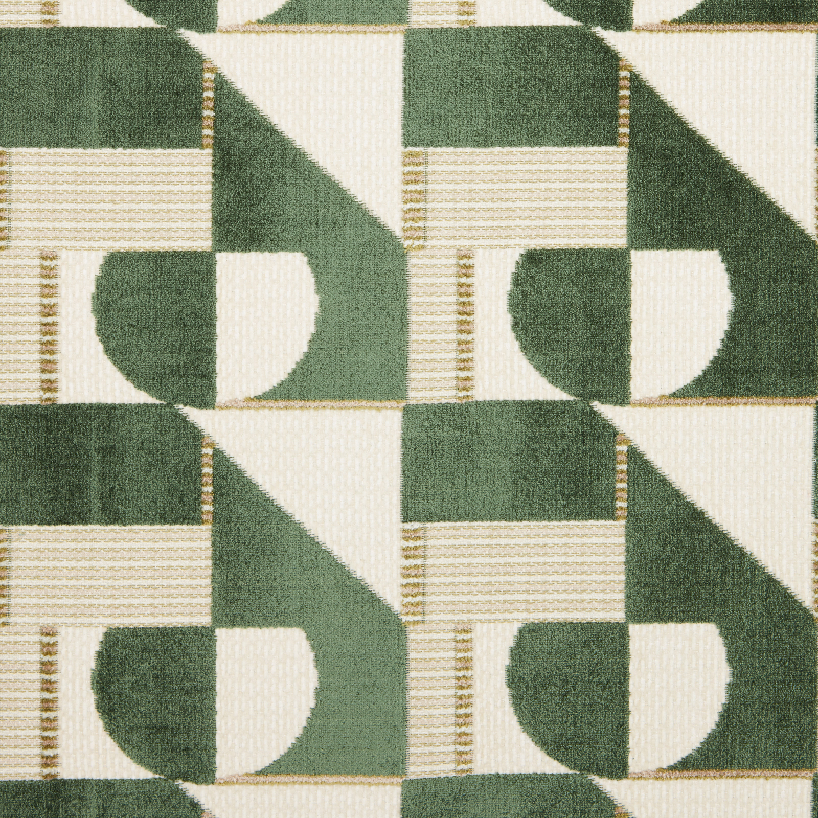 Green and cream geometric velvet swatch with gold striped accents