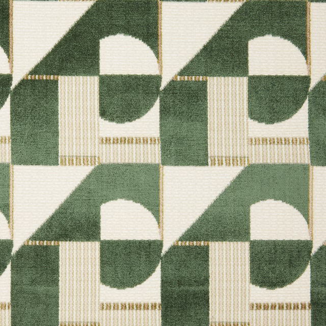 Green and cream geometric velvet swatch with gold striped accents