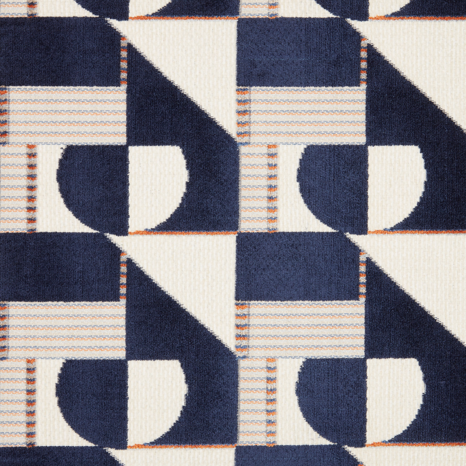 Midnight navy geometric velvet with ivory blocks and narrow striped accents