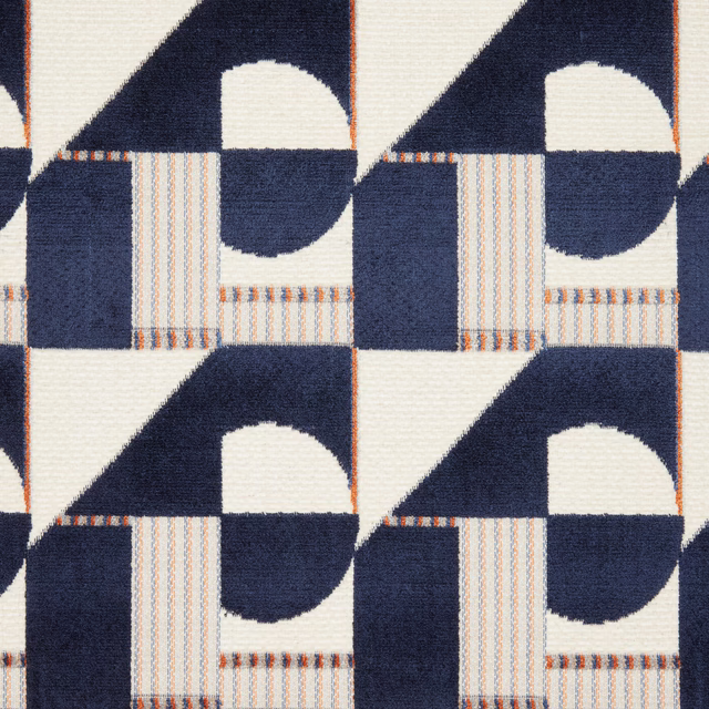 Midnight navy geometric velvet with ivory blocks and narrow striped accents