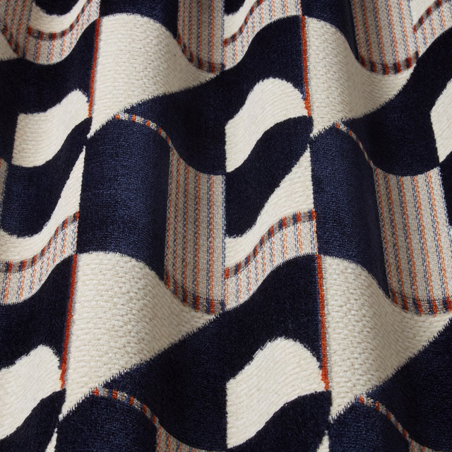 Navy and ivory wave velvet swatch with striped accents and plush pile
