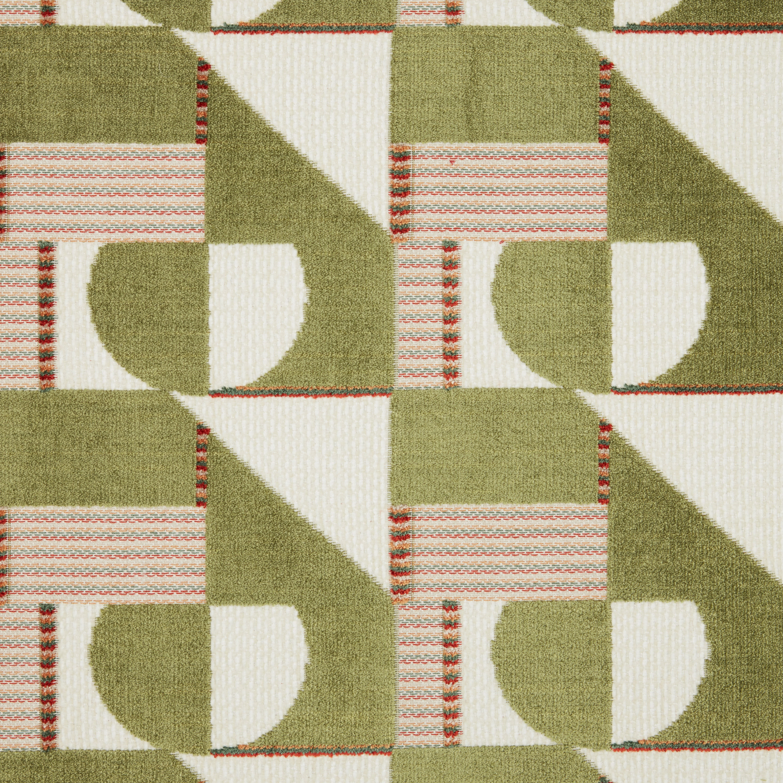 Olive geometric velvet swatch with cream blocks and coral-red stripe detail