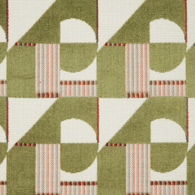 Olive geometric velvet swatch with cream blocks and coral-red stripe detail