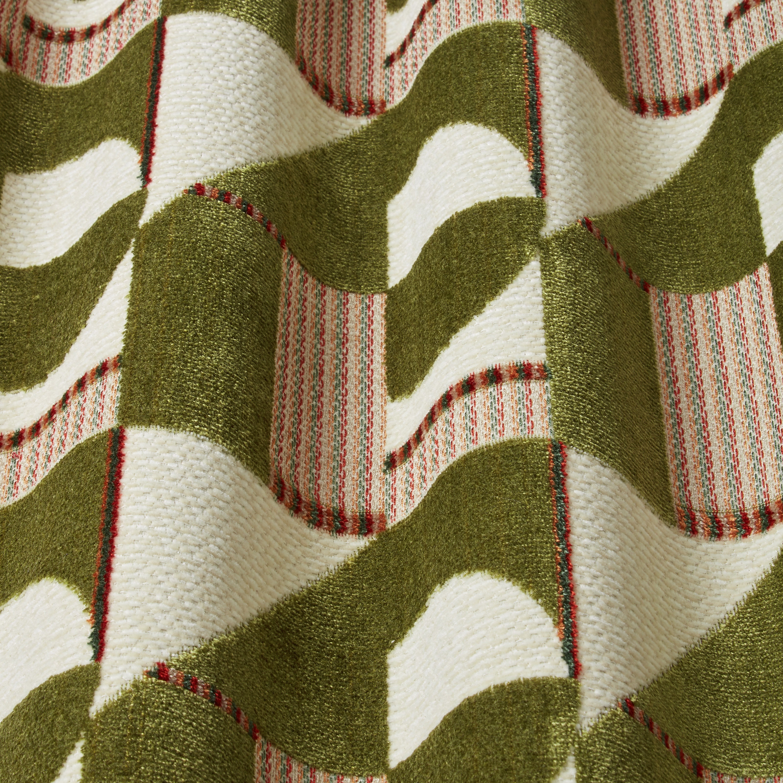 Olive and cream wavy velvet with red-striped accents