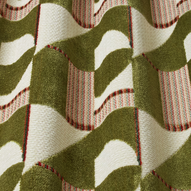 Olive and cream wavy velvet with red-striped accents