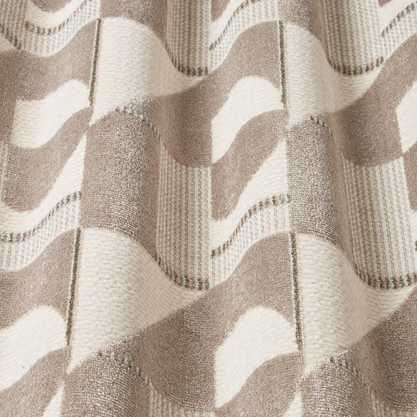 Taupe and cream wavy velvet with a soft, raised geometric texture