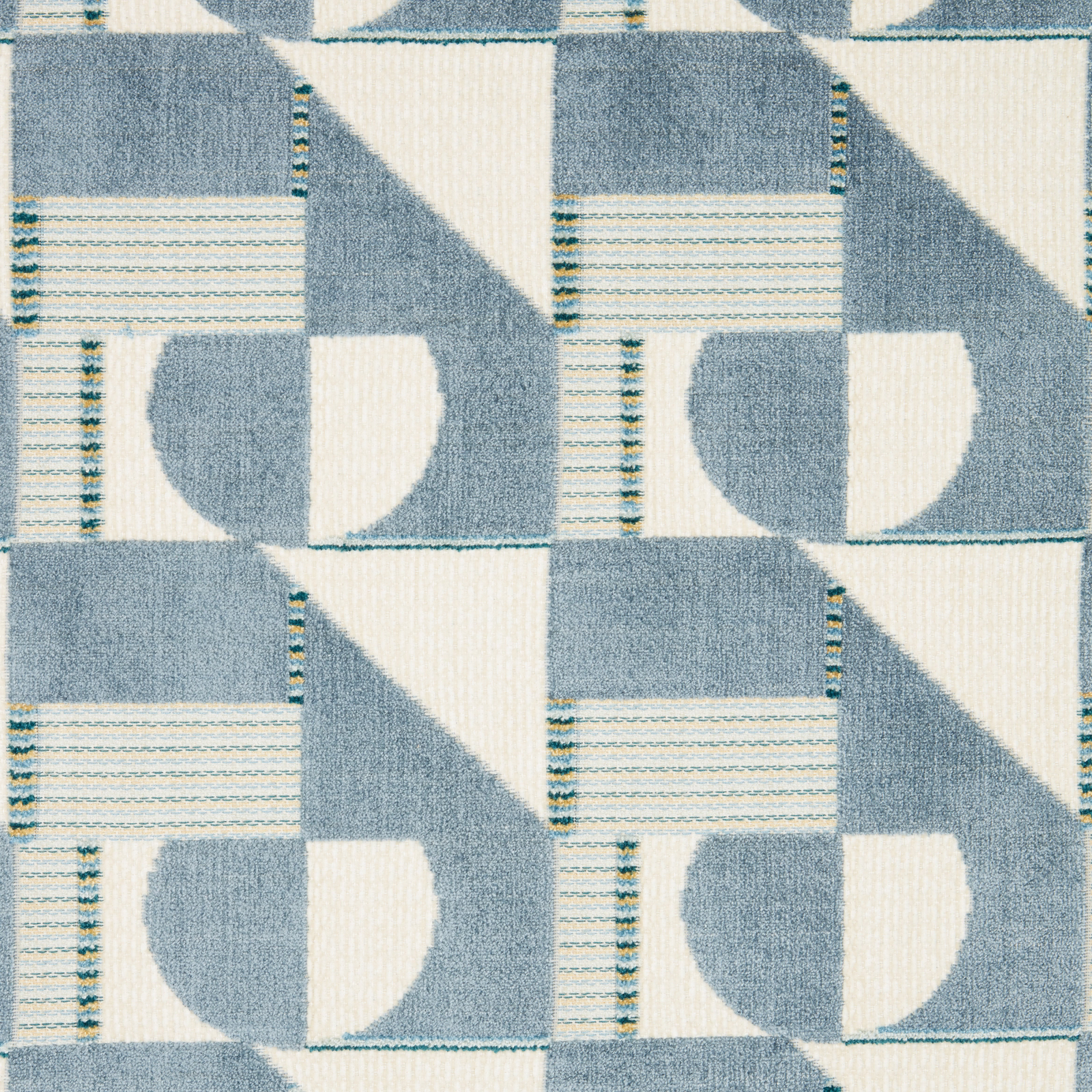 Aqua teal geometric velvet swatch with ivory blocks and striped details