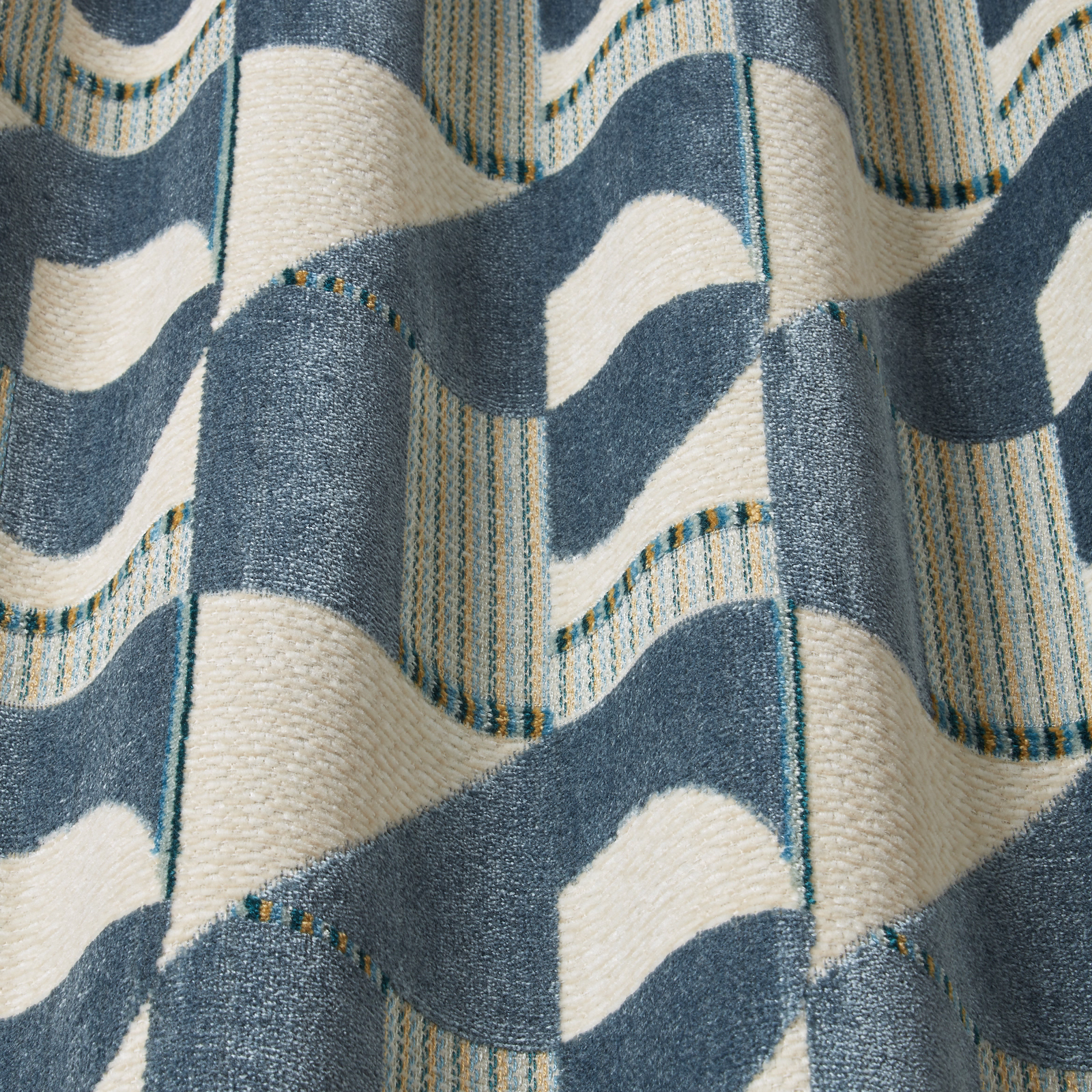 Teal and ivory wavy velvet fabric with fine striped sections