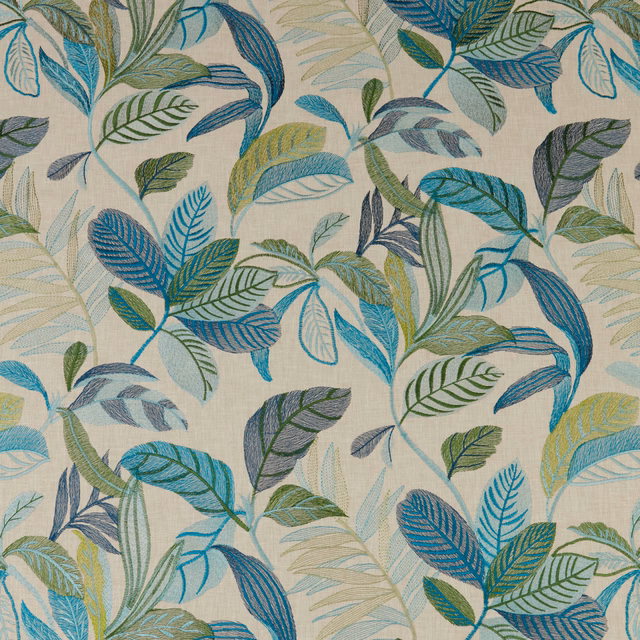Large leafy botanical swatch in lagoon teal, sage and ivory on a pale ground